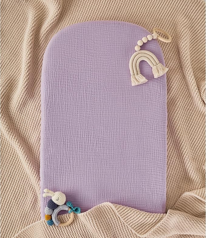 TILLYOU Muslin Bassinet Sheets Girls Boys, 100% Cotton Bassinet Sheets, Fit Oval, Rectangle and Square Mattress, 2 Pack，Light Purple&Light Pink