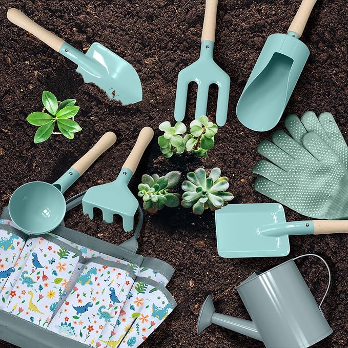 Kids Gardening Set 14Pcs Gardening Tools for Kids with Tote Bag,Watering Can, Shovel, Apron, Garden Book and More Educational STEM Learning Outdoor for Toddlers Boys Girls (Dinosaur Blue)