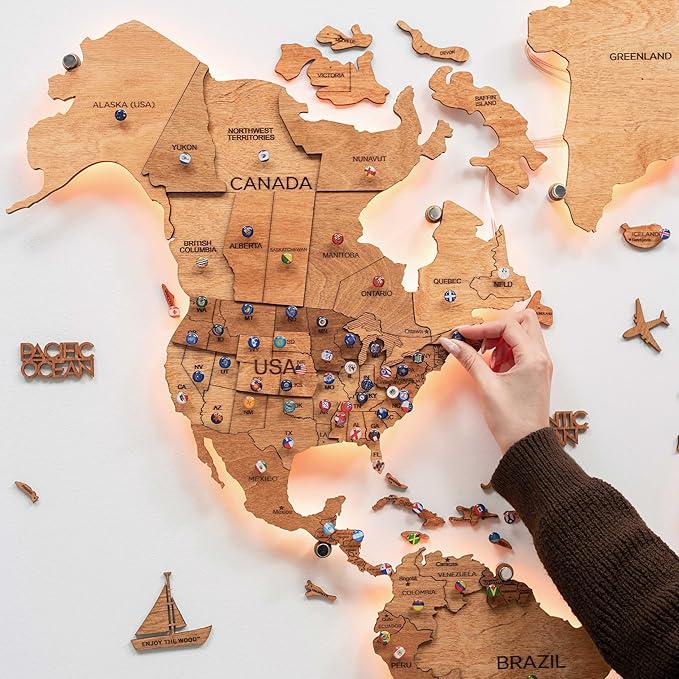 Enjoy The Wood 3D Wood World Map LED 3.0 Wall Art Modern Home Decor Gifts LED Lighting Wall Decor Housewarming Gift (Oak)