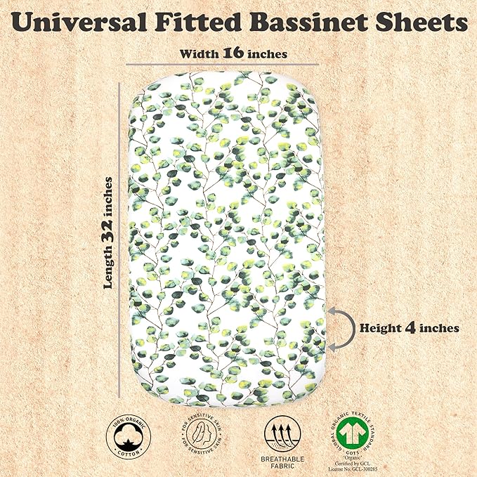 3-Pack Organic Fitted Bassinet Sheets, Compatible with Halo, Snoo, Graco, Dream On Me, Delta, and Other Standard Size Bassinets - Fits Oval, Hourglass, & Rectangle Shapes (Size 32 x 16 x 4 Inches)