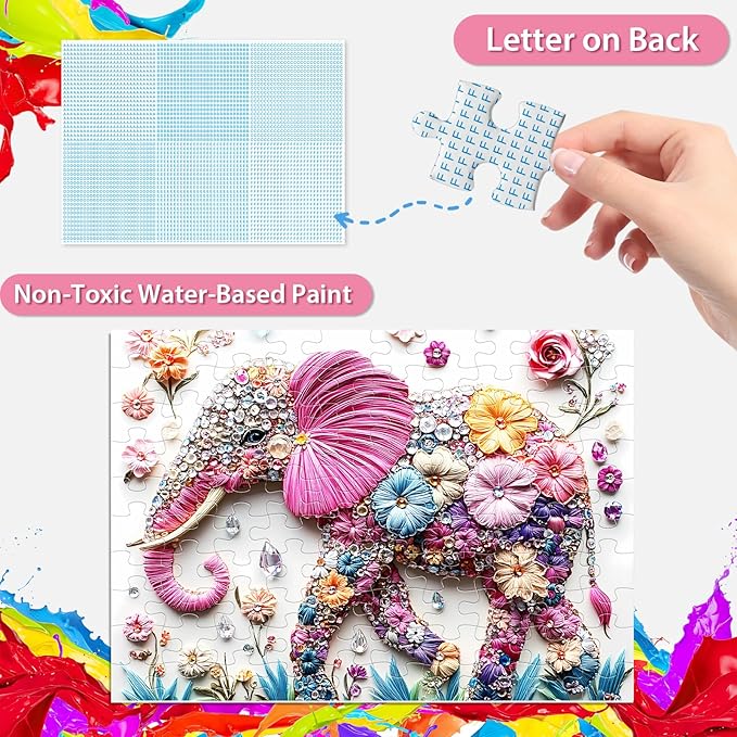 Jeaiciro 100 Piece Puzzles for Kids Ages 4-6 & 6-8, Cute Elephant Jigsaw Puzzle Fun Educational Toy for Kids Ages 8-10, Large Piece Puzzles for Adults, Funny Puzzle for Family Activity Gift Set