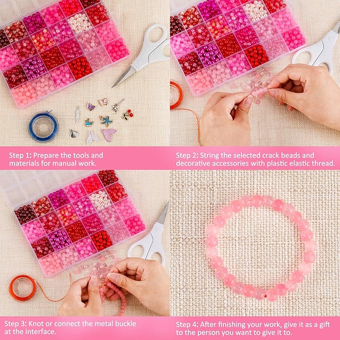 XSEINO About 1200PCS 6mm Glass Beads Bracelet Making Kit,24 Assorted Red and Pink Series Colorful Crystal Beads for Bracelet and Jewelry Making and DIY Crafts,Friendship Bracelets