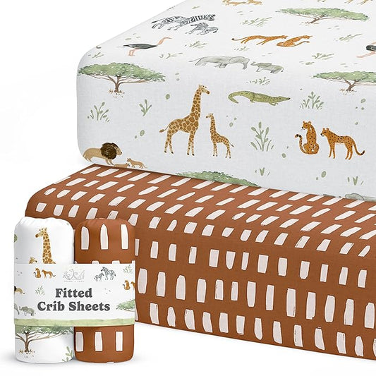 Crib Sheets Neutral - Fitted Baby Crib Sheets Bed for Girl Boy - 2 Pack Standard & Toddler Mattress (Safari Adventure) - Buttery Soft Organic Cotton Blend