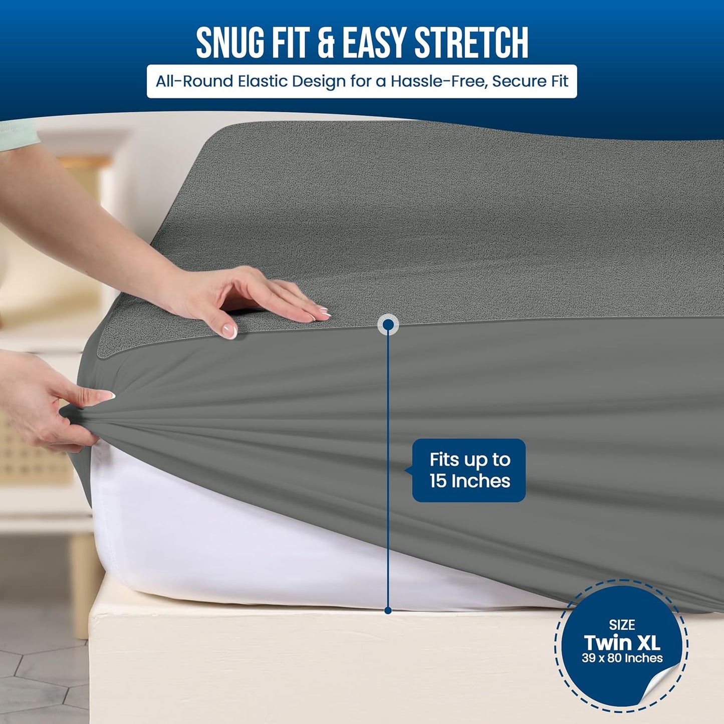 Utopia Bedding Waterproof Mattress Protector Twin XL Size, Premium Terry Mattress Cover 200 GSM, Breathable, Fitted Style with Stretchable Pockets (Gray)