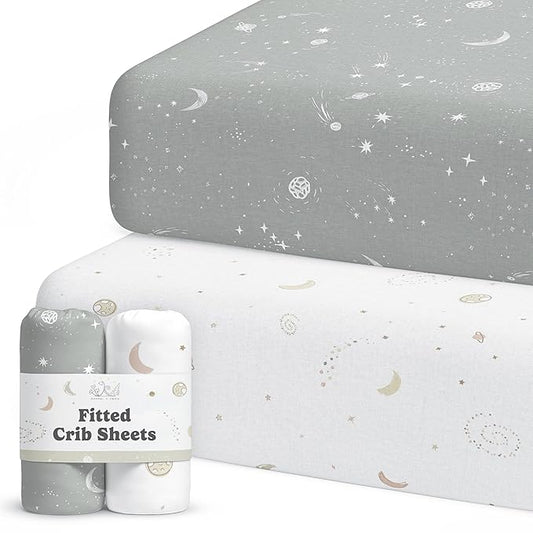 Crib Sheets Neutral - Fitted Baby Crib Sheets Bed for Girl Boy - 2 Pack Standard & Toddler Mattress (Galaxy, Moon, and Stars) - Buttery Soft Organic Cotton Blend
