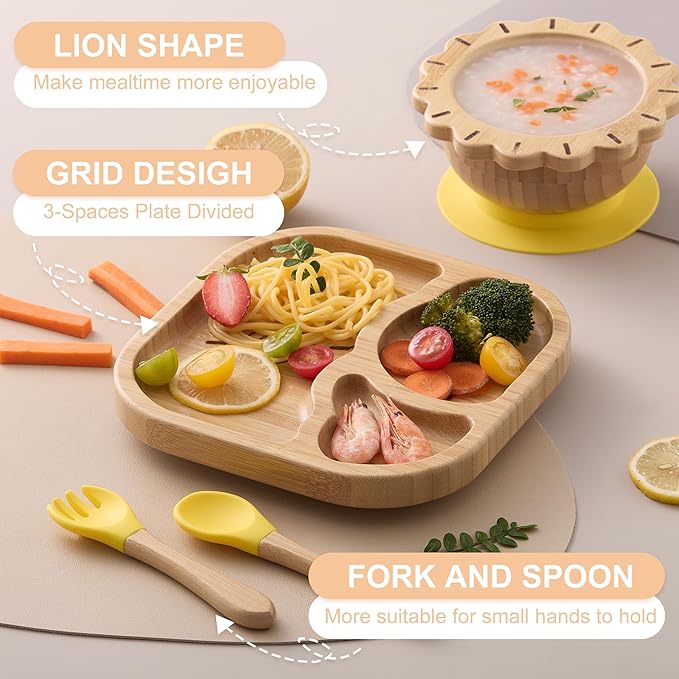 Suction Plates Bowls Set for Baby Toddler Non-Toxic Bamboo Feeding Set with Silicone Fork & Spoon (Yellow Feeding Set)
