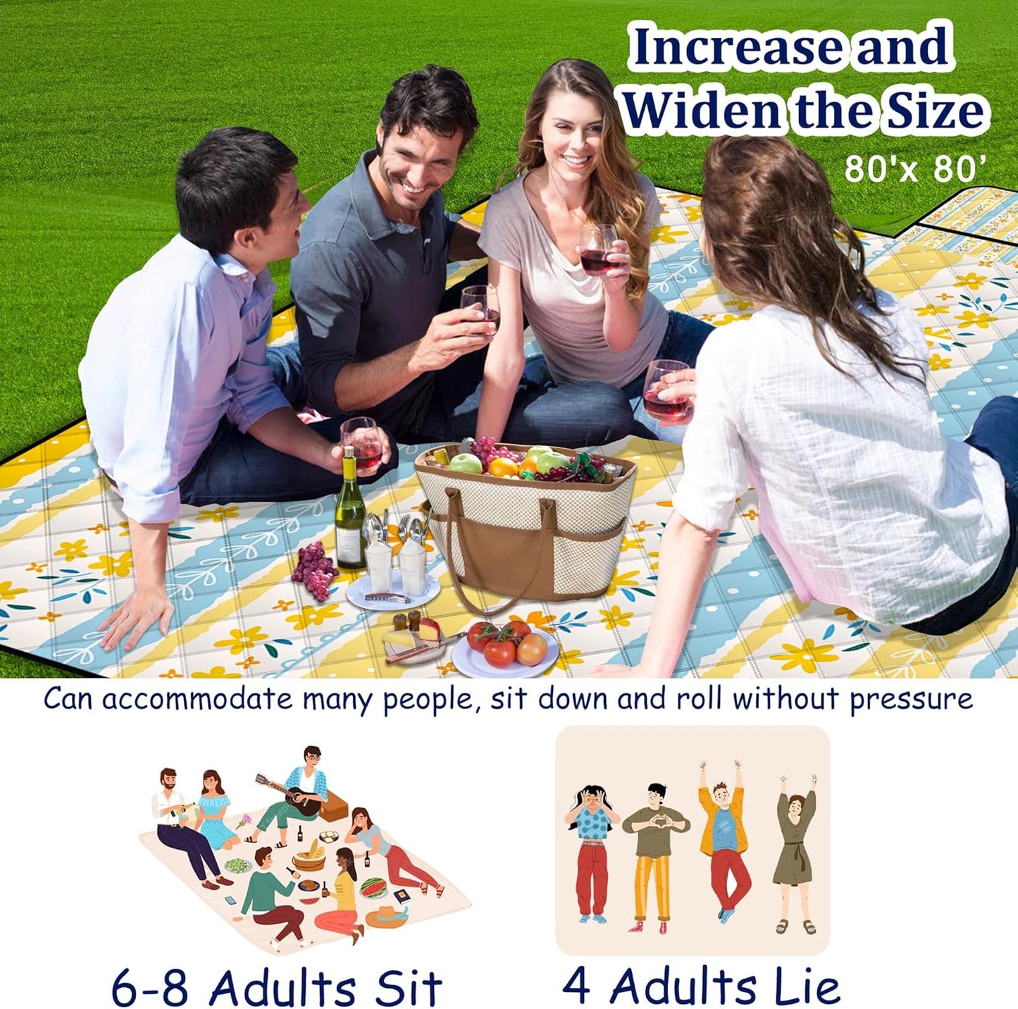 Extra Large Picnic Blanket Waterproof,80"x 80"Foldable Machine Washable Beach Blanket,Outdoor Blanket for 6-8 Adults,Suitable for Indoor Crawling,Park Beach,Camping,Hiking,Family Travel(Floral Print)