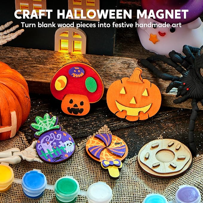 JOYIN 12 pcs Wooden Magnets, Painting Craft for Boys and Girls, Spring and Rainy Day Activities Kit, Craft Toys Gifts for Kids Birthday Easter