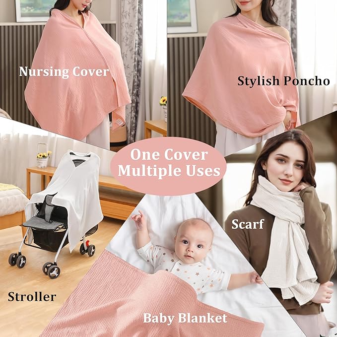 2-Pack Nursing Covers for Breastfeeding, 100% Organic Cotton Muslin Breastfeeding Cover, Multi-Use Nursing Scarf, Car Seat Canopy, Stroller Cover, Soft Breathable Baby Blanket Pink