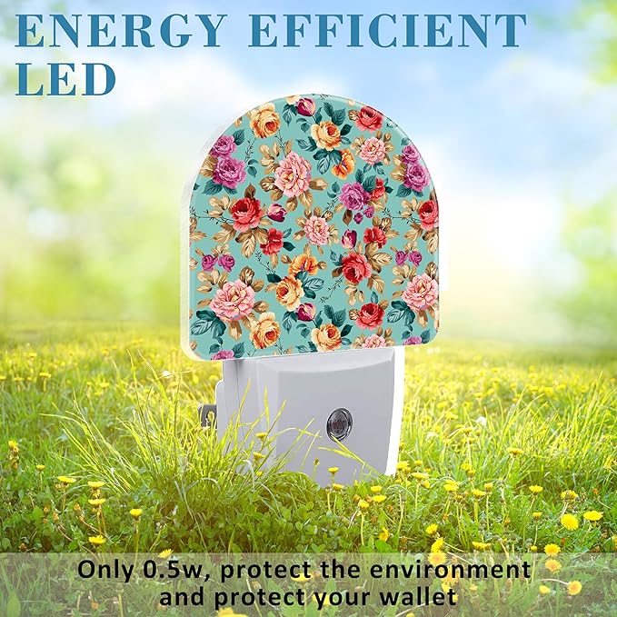 Plug in Night Lights Retro Pink Red Flowers Nightlight Plug Into Wall Dusk to Dawn Sensor LED Night Light for Kid Girls Boys Women Men Room Decor, Hallway, Kitchen, Bathroom, Nursery, Stairs