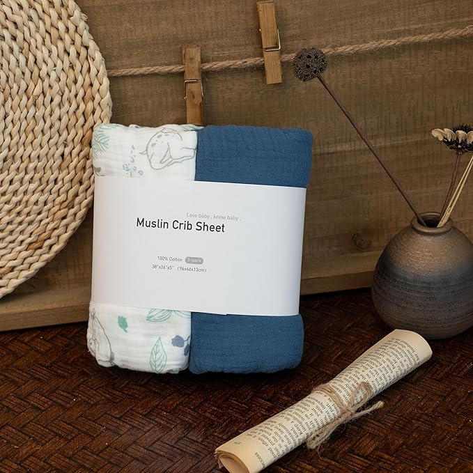 Muslin Mini Crib Sheets, 2 Pack for Baby Boy and Girl, Soft Breathable Stretchy Baby Pack N Play Mattress and Mini Cribs Sheet, Universal Fitted Portable/Mini Crib Mattresses (Blue Deer)