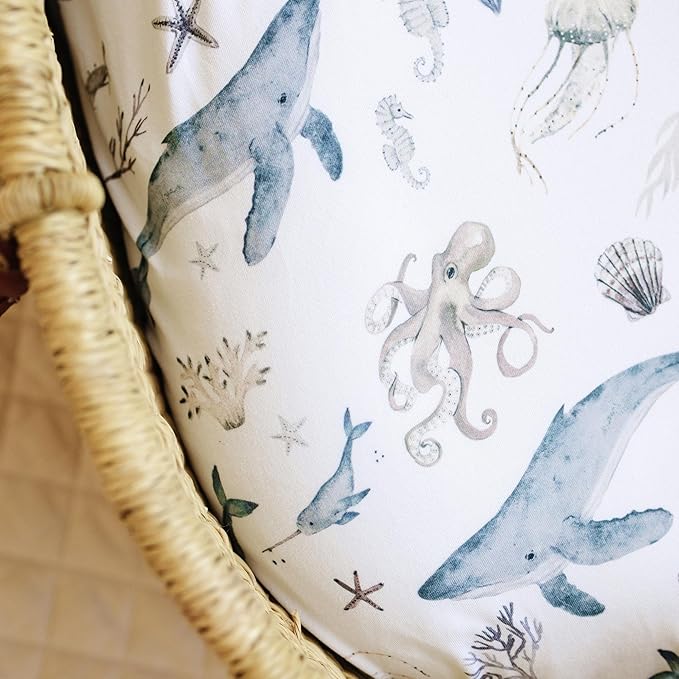 Baby Bassinet Sheets for Boy, Girl (Ocean Odyssey) 2-Pack - Fitted Bedside Bassinet Sheets - Buttery Soft Cotton Blend for Standard Mattress Pad - Compatible with Halo BassiNest