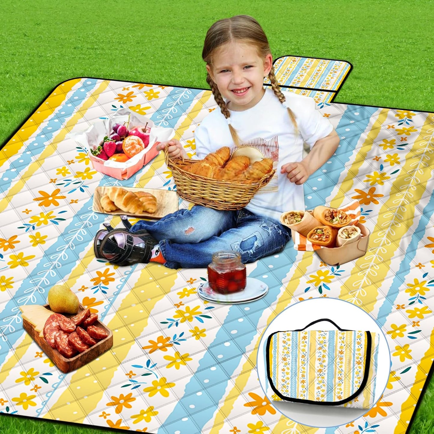 Extra Large Picnic Blanket Waterproof,80"x 80"Foldable Machine Washable Beach Blanket,Outdoor Blanket for 6-8 Adults,Suitable for Indoor Crawling,Park Beach,Camping,Hiking,Family Travel(Floral Print)