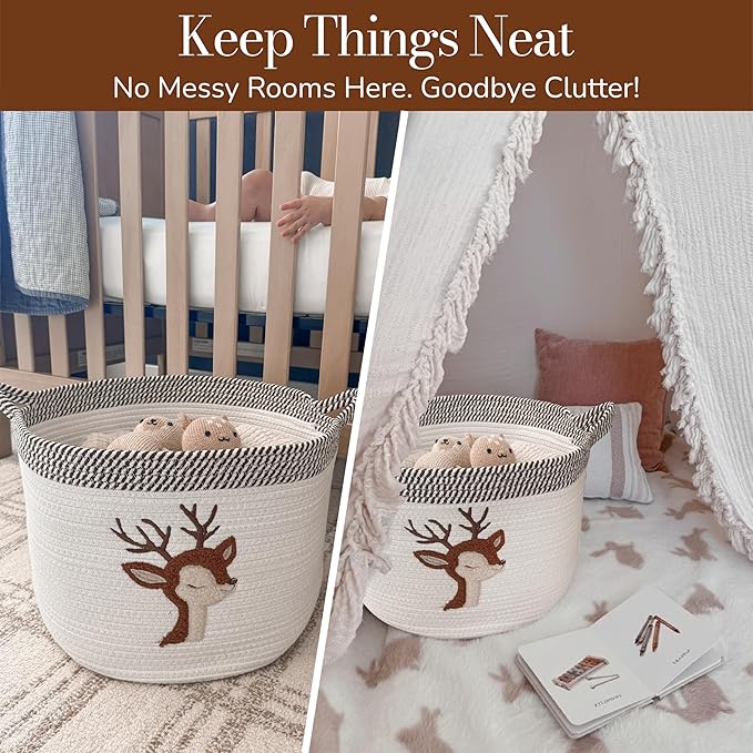 Deer Storage Basket for Nursery – Large 15”x11” Cotton Rope Bin with Soft Felt Animal Patch – Toy Organizer, Baby Laundry Hamper, Diaper & Towel Holder – Foldable, Washable & Baby-Safe