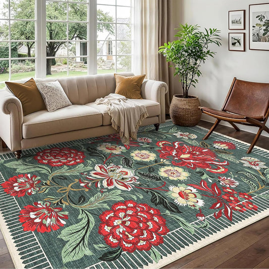 GarveeHome Floral Botanical Washable Rugs 5x7 Area Rug for Living Room, Grey Green Vintage Boho Cottage Throw Rugs Low Pile Carpet for Bedroom Dining Nursery Rug