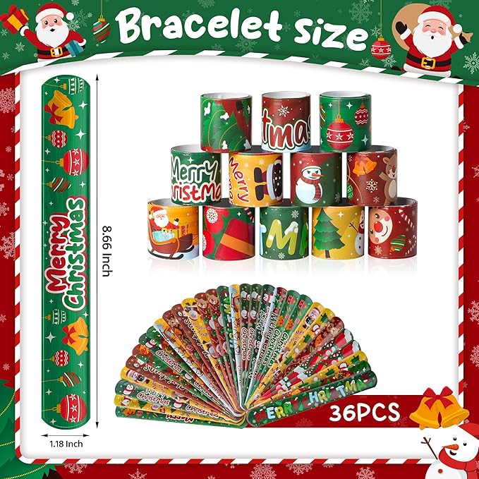 Childom 36 Pcs Christmas Slap Bracelet,Xmas Bracelet Gifts,Christmas Decorations,Birthday Goodie Bag Stuffers for Party Favors,Bracelets Bulk for Birthday Holiday School Classroom Prizes Outdoor