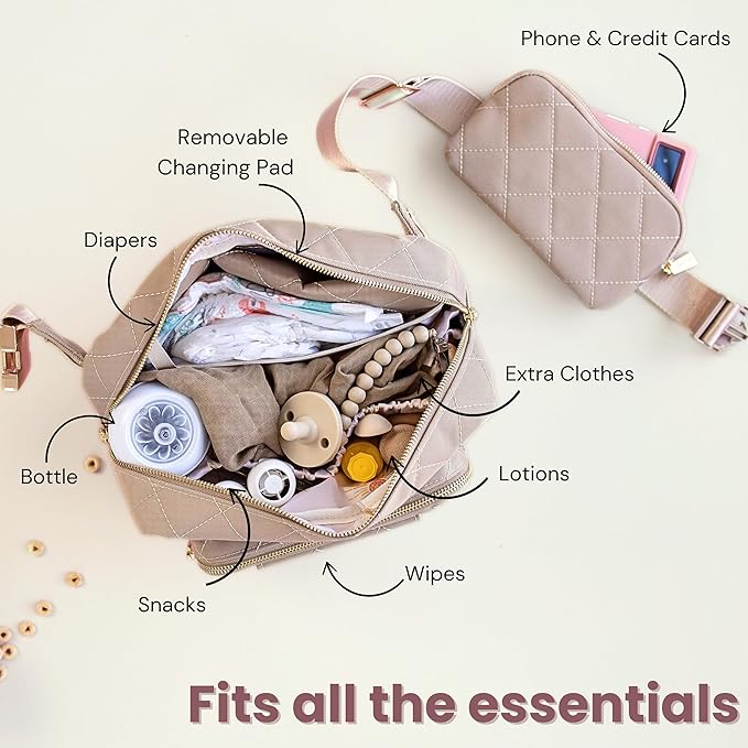 Lion & Light® Small Diaper Bag - Mini Diaper Bag with Portable Changing Pad, Fanny Pack Crossbody Bags for Baby & Toddler, Beige Travel-Friendly Baby Tote with Adjustable Strap & Zippered Pockets