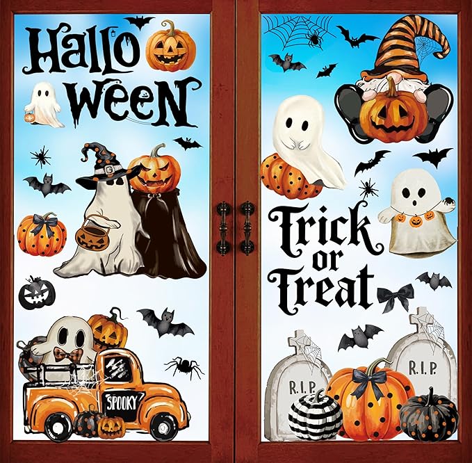 Halloween Window Clings,Double-Sided Reusable Window Decals,Vintage Ghost Pumpkin Bat Stickers for Glass Windows,Home Shop Glass Decorations,9 Sheets
