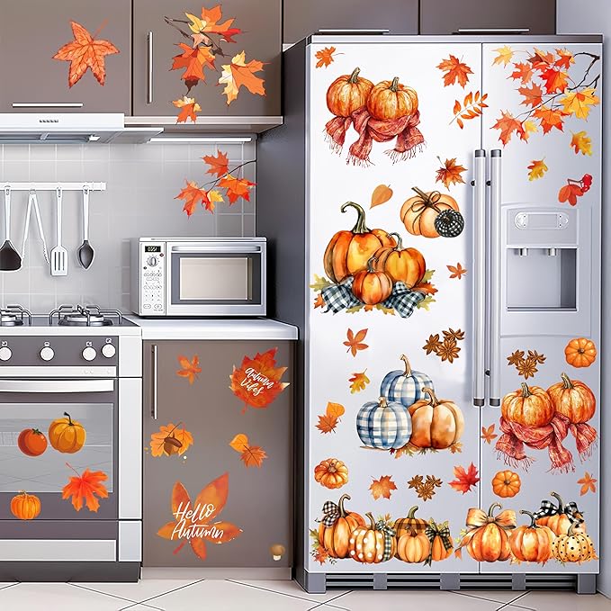 Autumn Pumpkin Window Stickers, Autumn Maple Leaf Decoration Stickers, Thanksgiving Harvest Window Stickers, Double-Sided Printing Suitable for Holiday Decoration