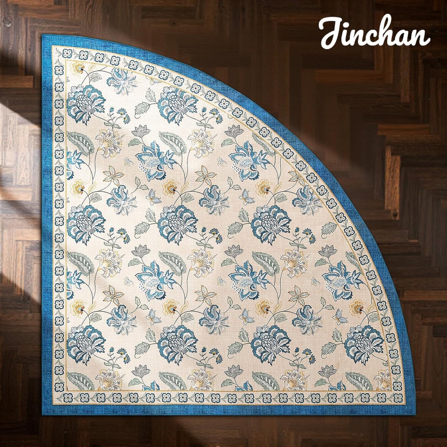 jinchan Floral Corner Rug for Kitchen Washable Nursery Rug Vintage Romance Design Non Slip Quarter Circle Lightweight Low-Pile Throw Carpet for Playroom Reading Nook Office, 5ft Radius, Blue/Beige
