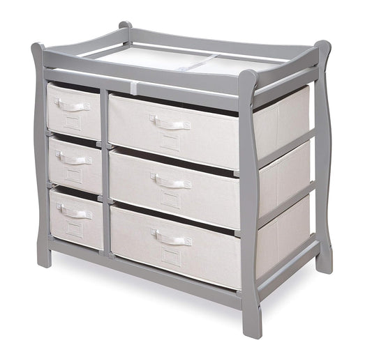 Badger Basket Sleigh Style Baby Changing Table - Diaper Station with 6 Removable Storage Baskets, Safety Rails, Pad, and Belt - Nursery Organizer - Cool Gray