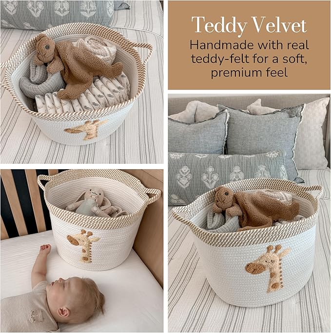 Giraffe Storage Basket for Nursery – Large 15”x11” Cotton Rope Bin with Soft Felt Animal Patch – Toy Organizer, Baby Laundry Hamper, Diaper & Towel Holder – Foldable, Washable & Baby-Safe