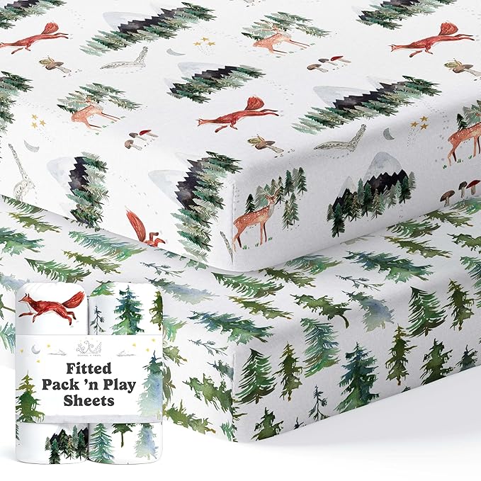 Pack and Play Sheets Fitted, Mini Crib Sheets for Graco Pack N Play Playard (38x26), Ultra Soft Organic Cotton Blend, Safe & Snug Playpen Mattress Sheet for Baby Boys & Girls – Starry Woodland, 2-Pack
