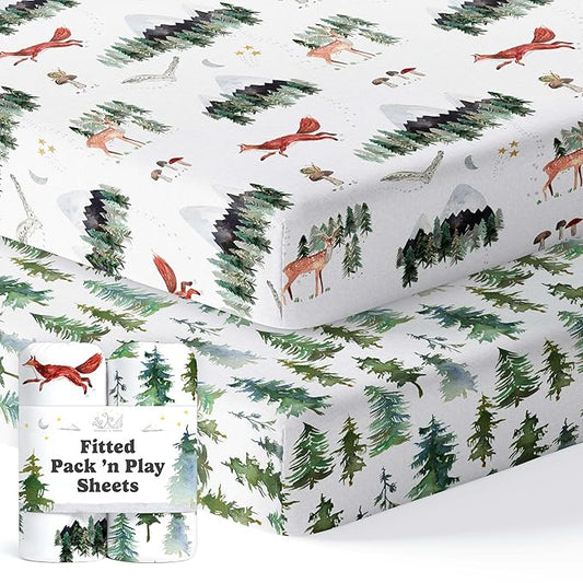 Pack and Play Sheets Fitted, Mini Crib Sheets for Graco Pack N Play Playard (38x26), Ultra Soft Organic Cotton Blend, Safe & Snug Playpen Mattress Sheet for Baby Boys & Girls – Starry Woodland, 2-Pack
