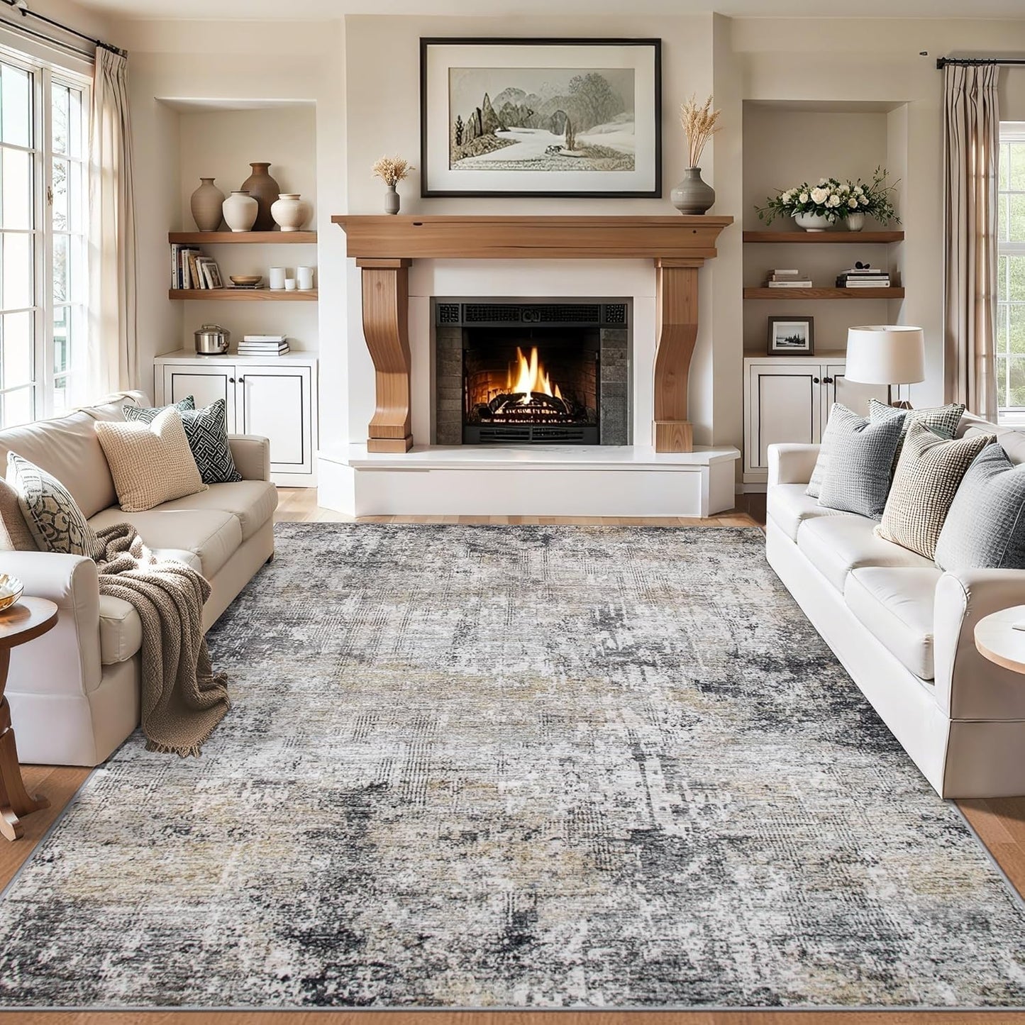 6x9 Area Rugs for Living Room - Washable Rug Modern Abstract Soft Large Neutral Non-Slip Carpet Indoor Floor Thin Carpets for Bedroom Dining Room Farmhouse Nursery Home Office Brown Black Grey