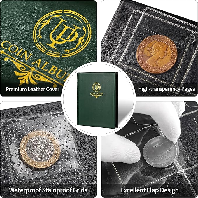 120 Pockets Coin Album - Coin Collecting Book with 10 Pages, 45x43 mm Grid Holder for Pounds Pence Cents Dollars Nickel (Green) CS48120GR