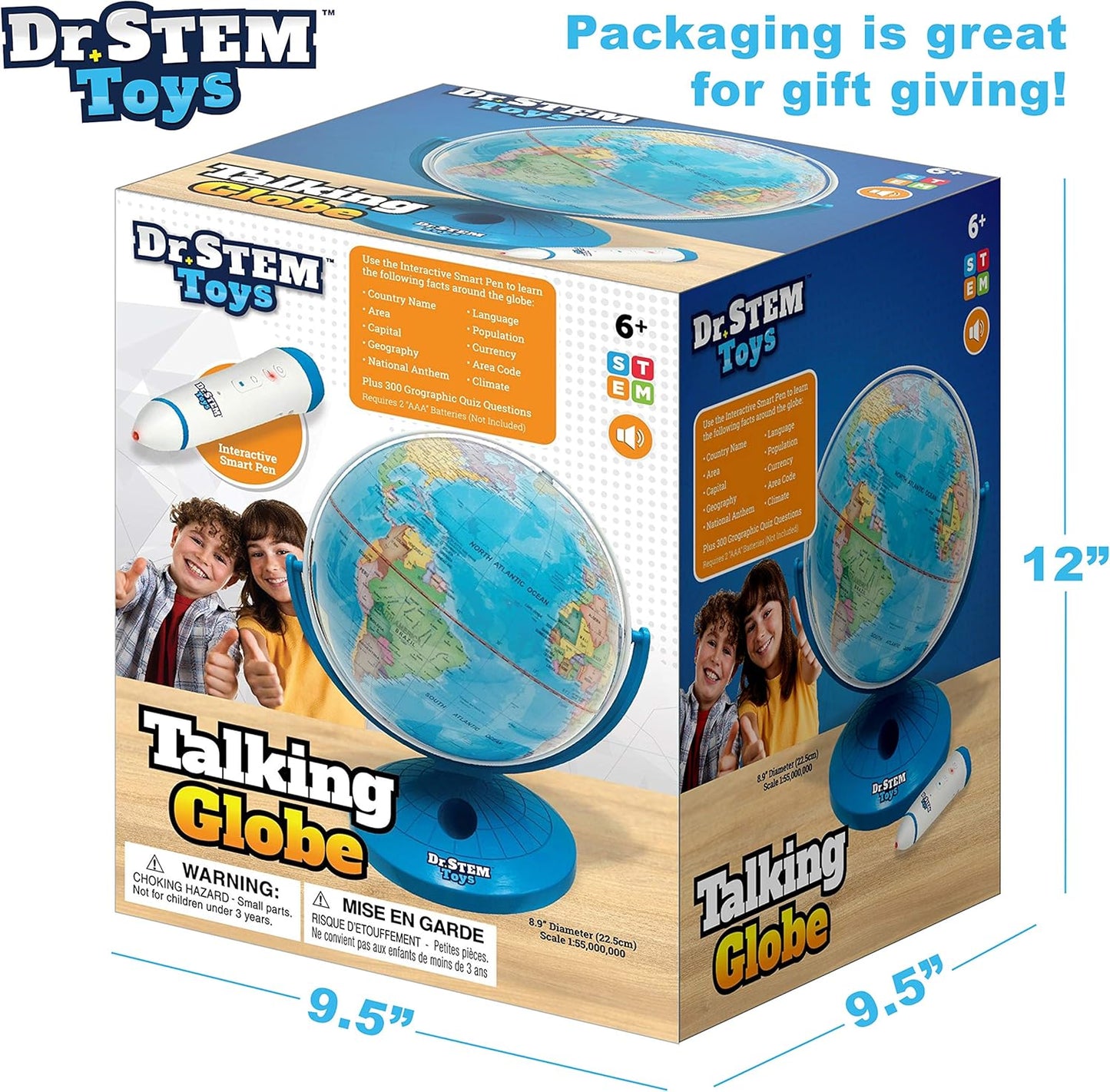 Dr. STEM Toys Talking World Globe with Interactive Stylus Pen and Stand, Colorful Map for Early Learning and Teaching - Includes Trivia, Q&A, and Music - 9 Inches in Height, Ages 6+