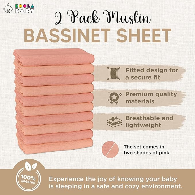 Bassinet Fitted Sheets - Compatible with Amke, Ronbei, Pamobabe, and Nordmiex | 100% Organic Muslin Cotton - Light Pink + Dark Pink | 32x19 (2 Pack)