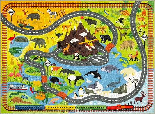 KC Cubs 3x5 Animal Safari Toy Car Road Rug – Educational Play Mat Carpet for Kids, Toddlers, Nursery, Classroom, Playroom, Baby Daycare, Boys & Girls