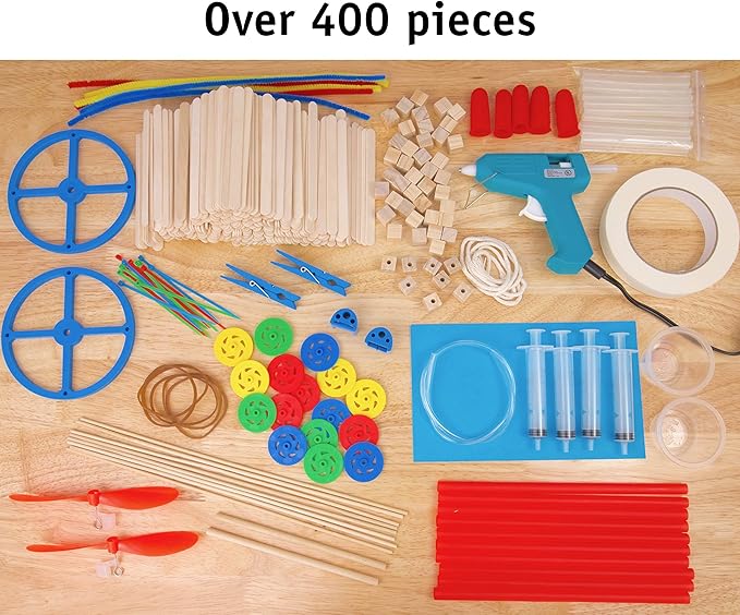 STEM Craft Kit - 25 Engineering Project Ideas - Invention Kit with Over 400pcs of Craft Wood, Propellers, Wheels, Hot Glue, Hydraulics and More Supplies for DIY Kids' Projects