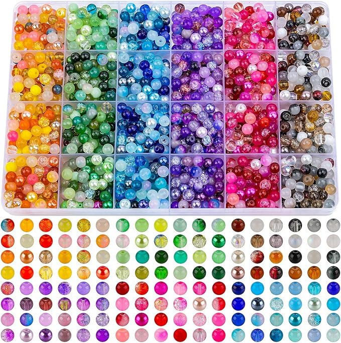 XSEINO About 1200PCS 6mm Glass Beads Bracelet Making Set, 144 Color Colorful Round Style Glass Beads for Bracelet and Jewelry Making and DIY Crafts,Friendship Bracelets