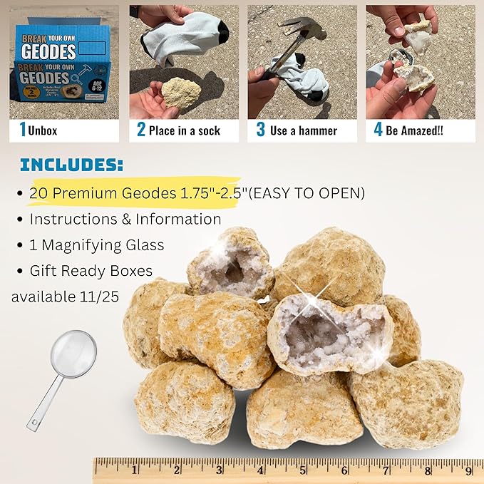 Break Your Own Geodes Kit for Kids – 20 Natural Crystal Geodes (1.5–2.5”) with Magnifying Glass & Learning Guide – Fun STEM Science Rock Kit for Kids Ages 6–12 – Gift-Ready Educational Set