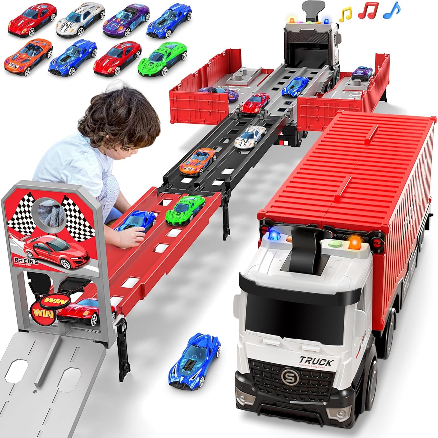 Carrier Truck Race Track Kids Toys, Foldable 3 Layer Toddler Track Playset, Toy Truck Transport Car Carrier & 8 Race Cars, Truck Car Toddlers Toys Xmas Gifts for Age 3 4 5 6+ Years Old Boys Girls