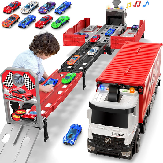Carrier Truck Race Track Kids Toys, Foldable 3 Layer Toddler Track Playset, Toy Truck Transport Car Carrier & 8 Race Cars, Truck Car Toddlers Toys Xmas Gifts for Age 3 4 5 6+ Years Old Boys Girls