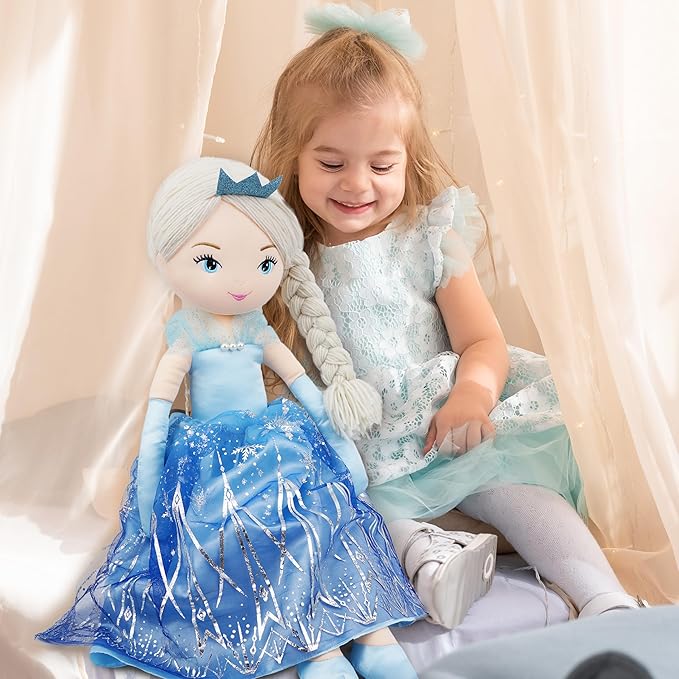 June Garden 30" XL Princess Marina Crystalheart Soft Rag Doll - Adorable Stuffed Life Size Doll Gift for Girls - Blue Dress