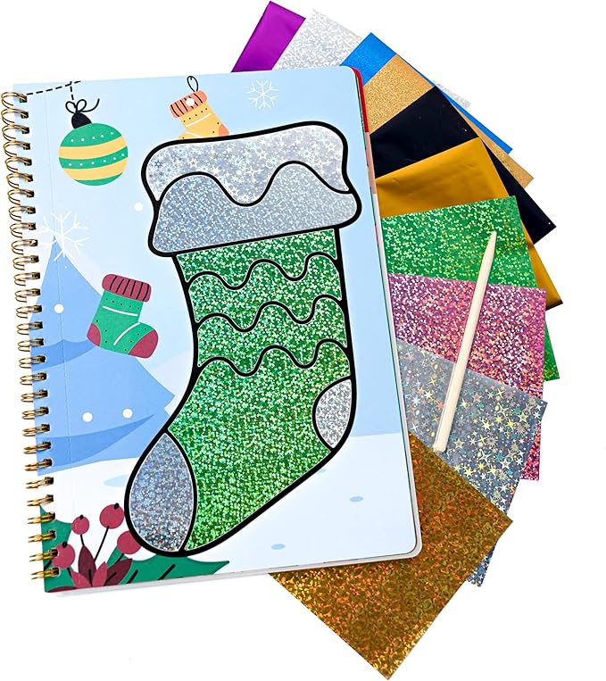 JULEASEL Christmas Foil Paper Arts and Crafts Kits, DIY Xmas Arts and Crafts for Kids, No Mess Foil and Coloring Books, Creative Christmas Gifts for Boys Girls Ages 4+, Kids Travel Essentials Toy