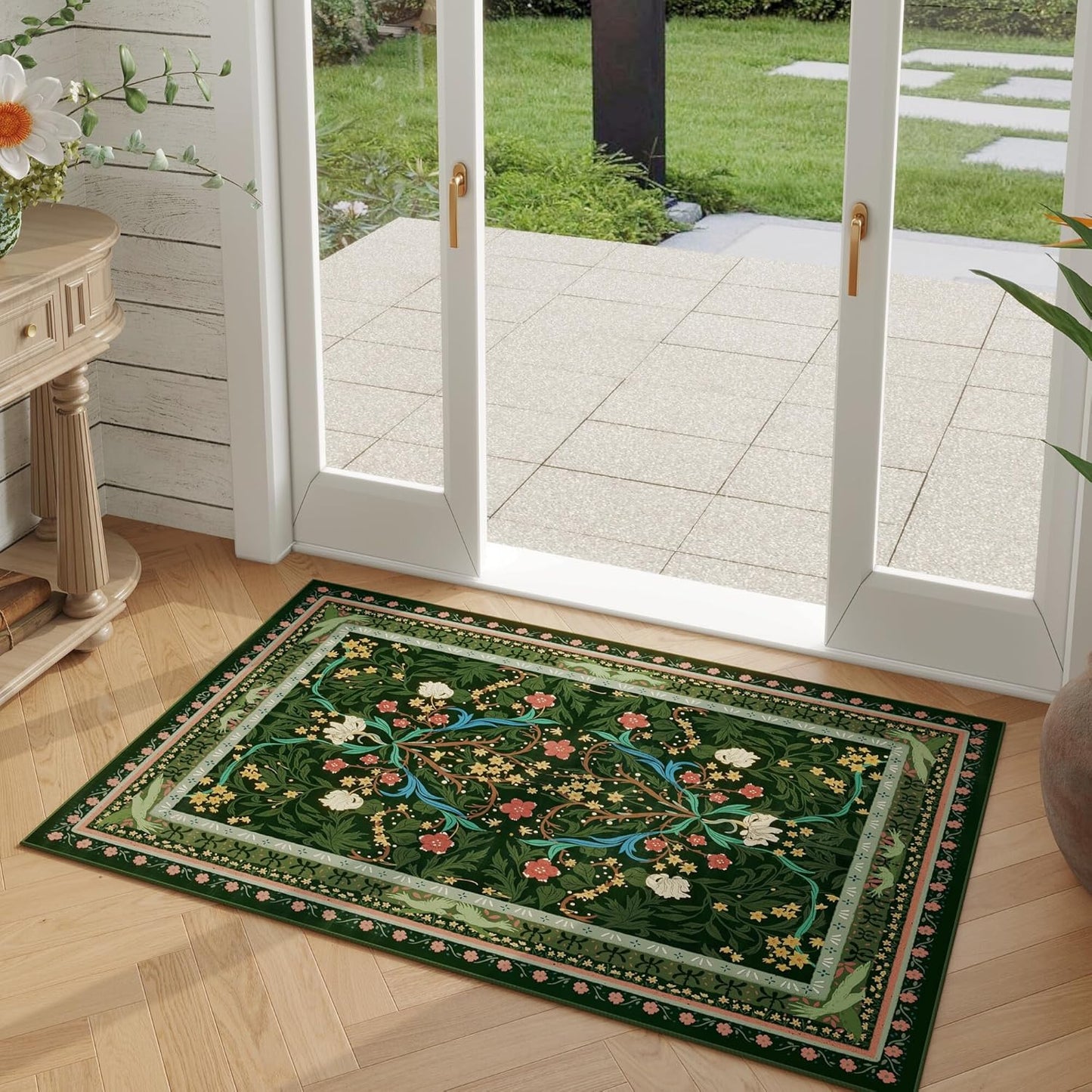 Door Mat Indoor Entrance 2x3 Rug Machine Washable Vintage Floral Botanical Small Area Rug Non-Slip Low Pile Throw Rugs for Entryway, Kitchen, Front Door Entrance, Entry, Kids Room, Green