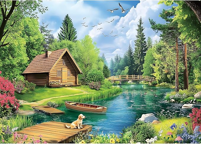 1000 Piece Puzzles for Adults, Spring and Summer Landscape Jigsaw Puzzle, Wooden House and Dog Jigsaw Puzzles 1000 Pieces, Challenging Game Home Decor Birthday Party Gift Toy for Adults Kids Seniors