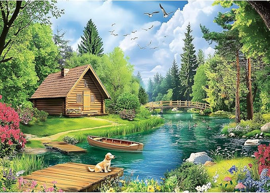 1000 Piece Puzzles for Adults, Spring and Summer Landscape Jigsaw Puzzle, Wooden House and Dog Jigsaw Puzzles 1000 Pieces, Challenging Game Home Decor Birthday Party Gift Toy for Adults Kids Seniors