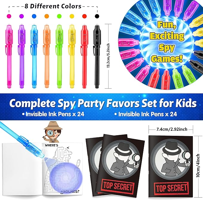 Joycover 24 PCS Invisible Ink Pen with UV Light for Kids, Spy Pens and Notebook，Birthday Party Favors for Kids 4-8, School Prize Goodie Bag Stuffers, UV Pen for Secret Message Escape Room
