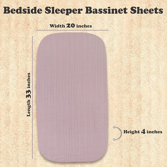 3 Pack Organic Muslin Bedside Bassinet Sheets Compatible with Mika Micky, Baby Delight, Dream On Me, AMKE and Other Bassinet Pads Size Between 17-21 in Width, 29-33 in Length, and 1.5-4 in Thick