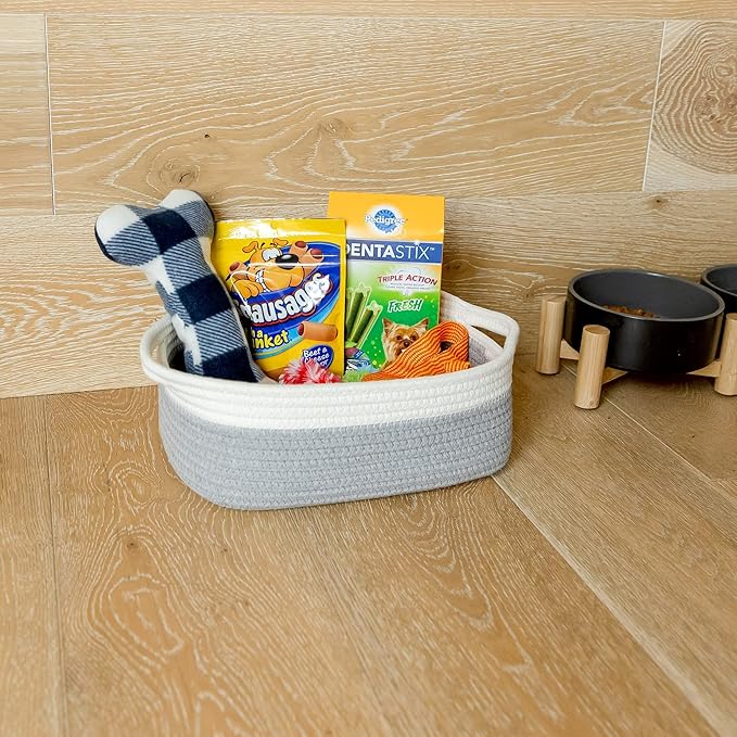 NaturalCozy 5-Piece Rectangle Storage Basket Set- Natural Cotton Rope Woven Baskets for Organizing! Small Basket for Montessori, Baby Nursery, Dog Toy Baskets, Cat Toy Box, Bathroom Organization Bin