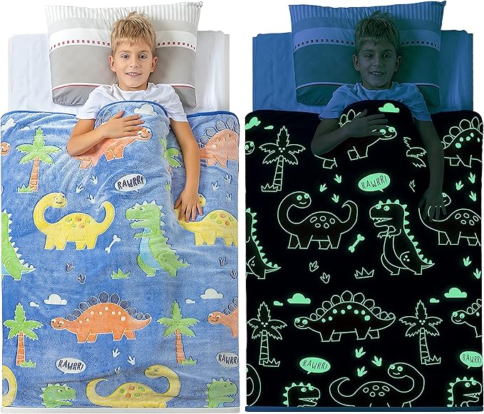 Glow in The Dark Dinosaur Blanket for Boys –Soft Plush Blue Fleece Throw Blanket. Great Dinosaur Gifts for Kids, Grandkids, Baby, Toddler, Birthday, Christmas! 8+ Hour Glow. (50”X60”)