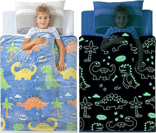 Glow in The Dark Dinosaur Blanket for Boys –Soft Plush Blue Fleece Throw Blanket. Great Dinosaur Gifts for Kids, Grandkids, Baby, Toddler, Birthday, Christmas! 8+ Hour Glow. (50”X60”)