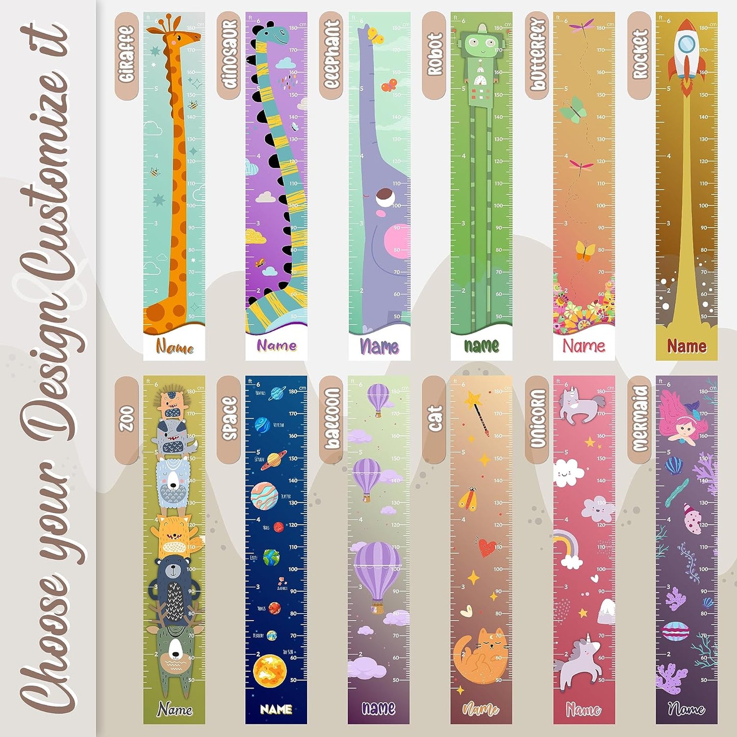 Personalized Kids Growth Chart - 12 Designs, 13oz Vinyl Height Measurement ft. cm, inches Chart for Toddlers - Ruler for Kids