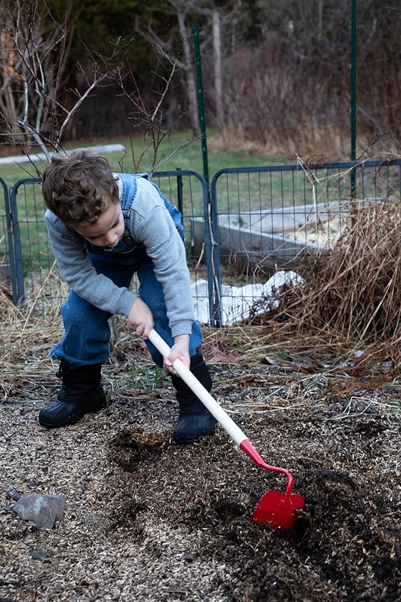 JustForKids Kids Garden Tool Set Toy, Rake, Spade, Hoe and Leaf Rake, reduced size , made of sturdy steel heads and real wood handle, 4-Piece, Multicolored, 5yr+